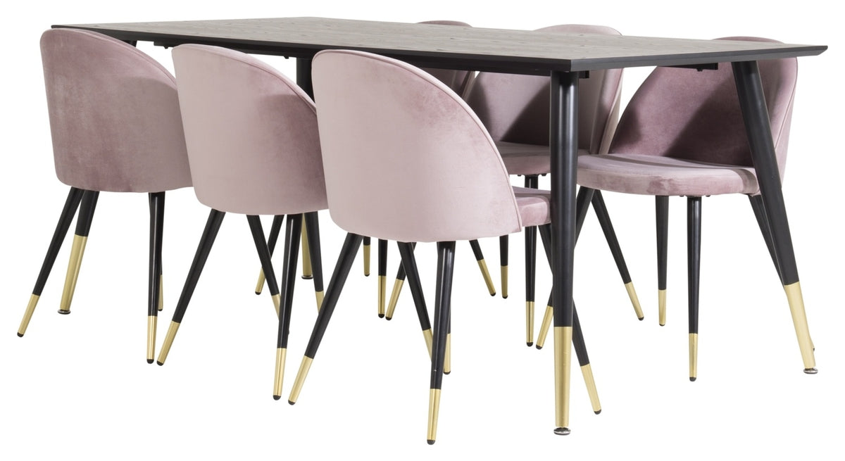 Rectangular Dining Table 180 x 75 x 90 Black + Dining Chair 2-pack Dusty Pink