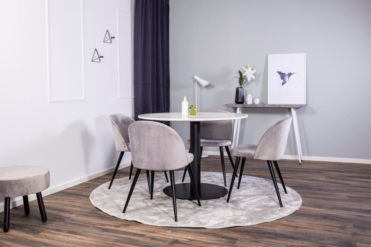 Ronde Eettafel ø106 cm Wit + Eetkamerstoelen (4-stuks) Grijs