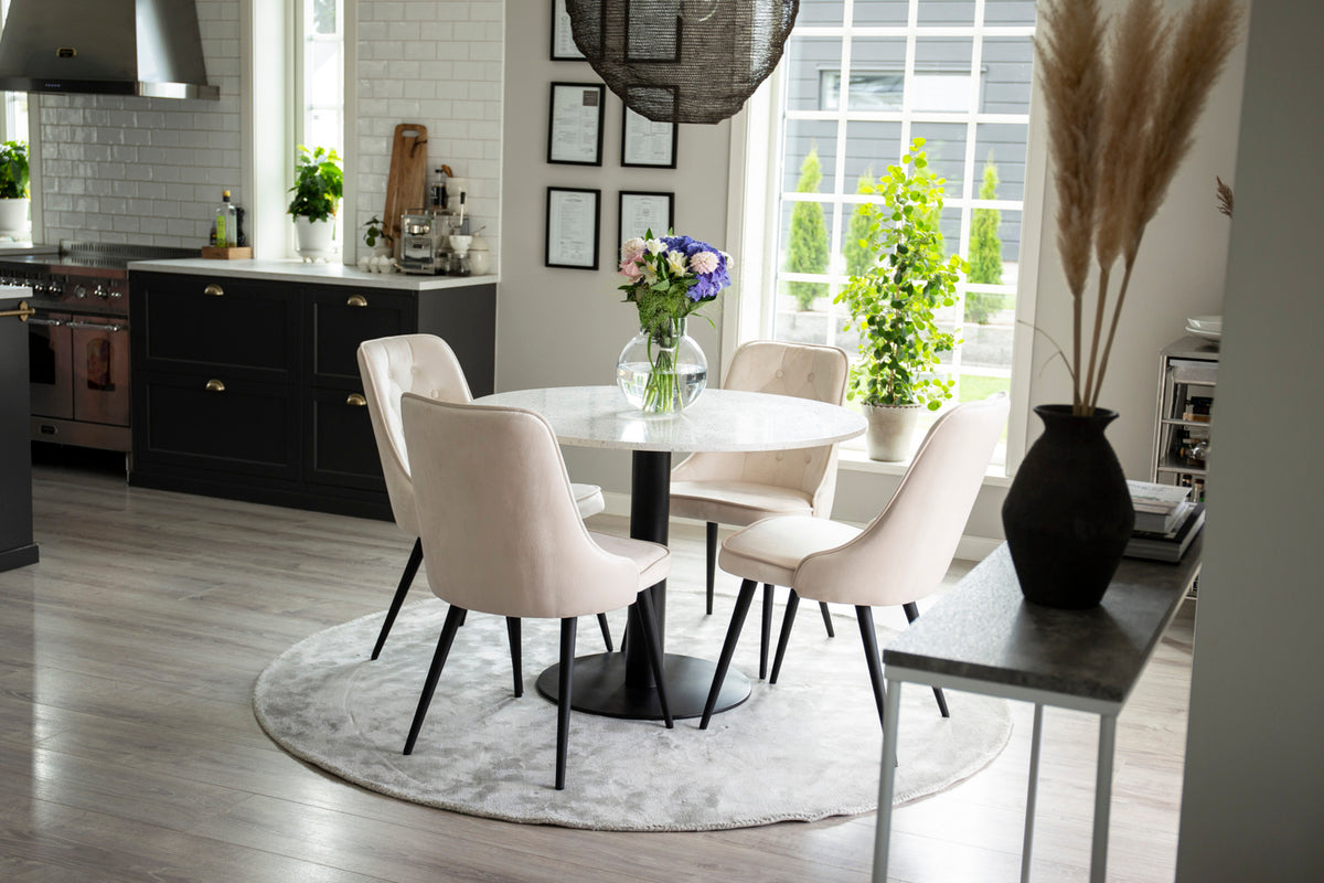 Ronde Eettafel ø106 cm Wit + Eetkamerstoelen (4-stuks) Beige