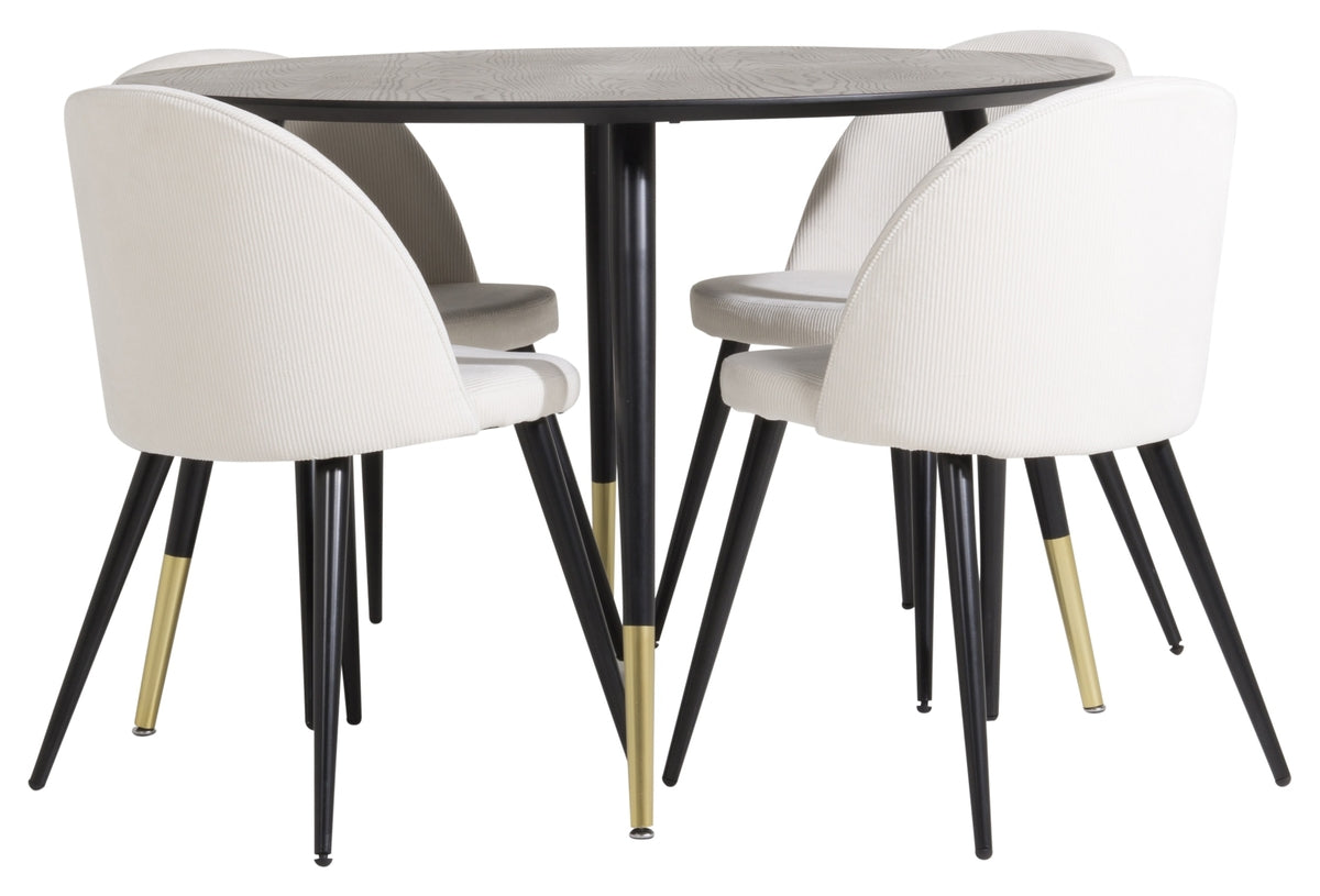 Ronde Eettafel ø115 cm Zwart + Eetkamerstoelen (4-stuks) Crème