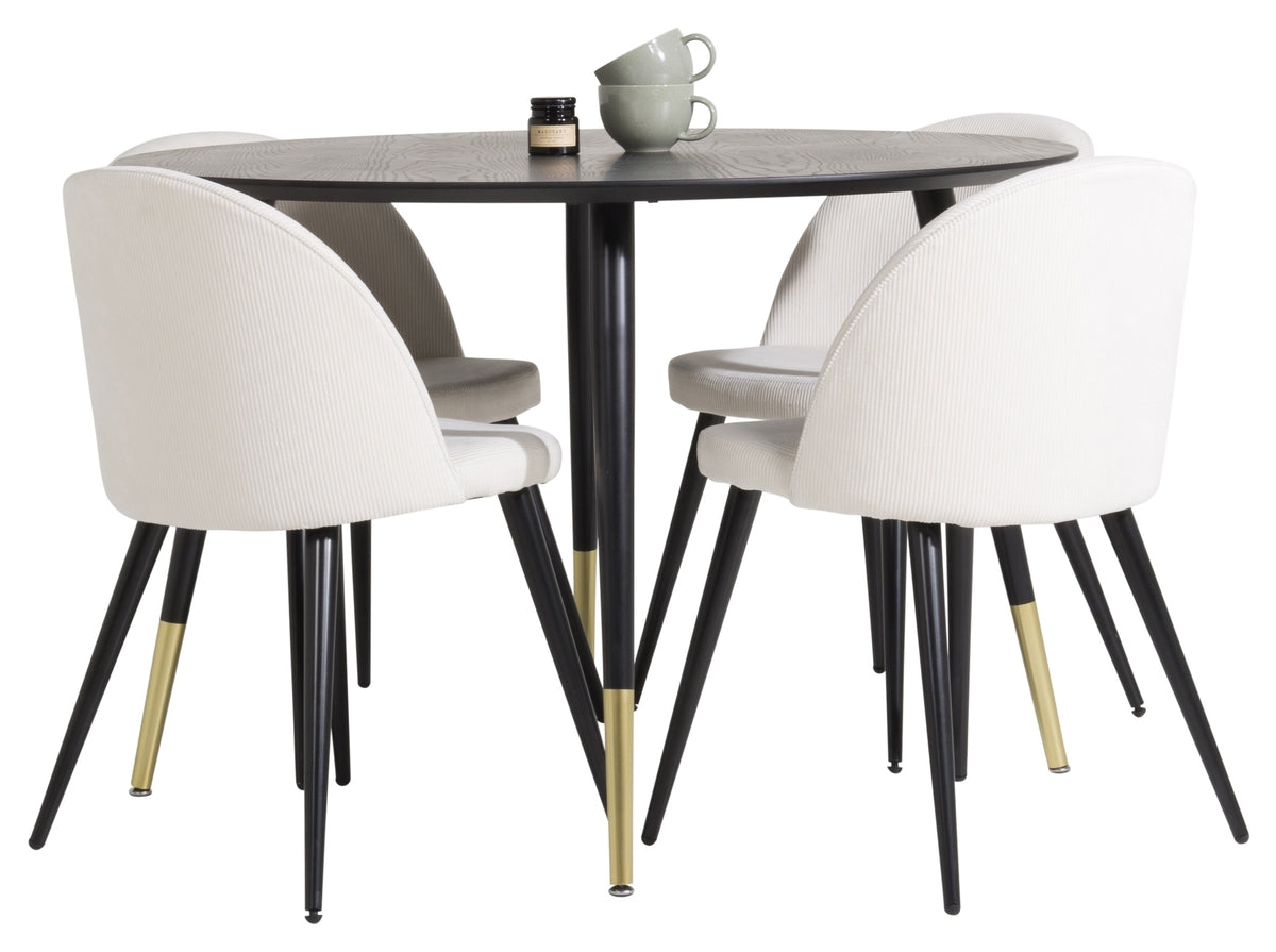 Ronde Eettafel ø115 cm Zwart + Eetkamerstoelen (4-stuks) Crème