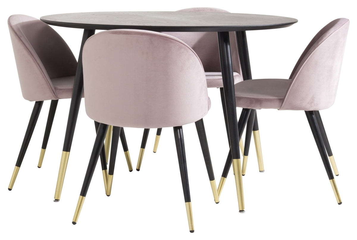 Ronde Eettafel ø115 cm Zwart + Eetkamerstoelen (4-stuks) Dusty Pink