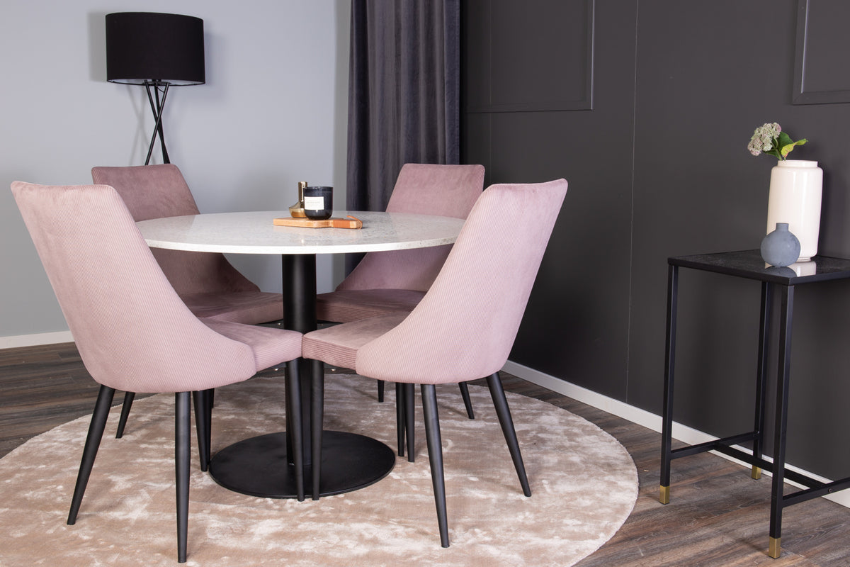 Ronde Eetkamerset – Ronde Eettafel + 4 Roze Eetkamerstoelen