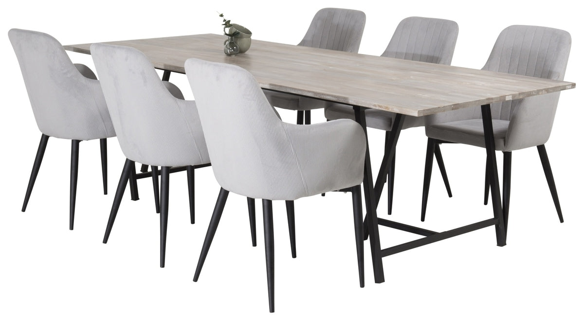 Rechthoekige Eettafel 75 x 250 x 100 Nature + Eetkamerstoelen (6-stuks) Lichtgrijs