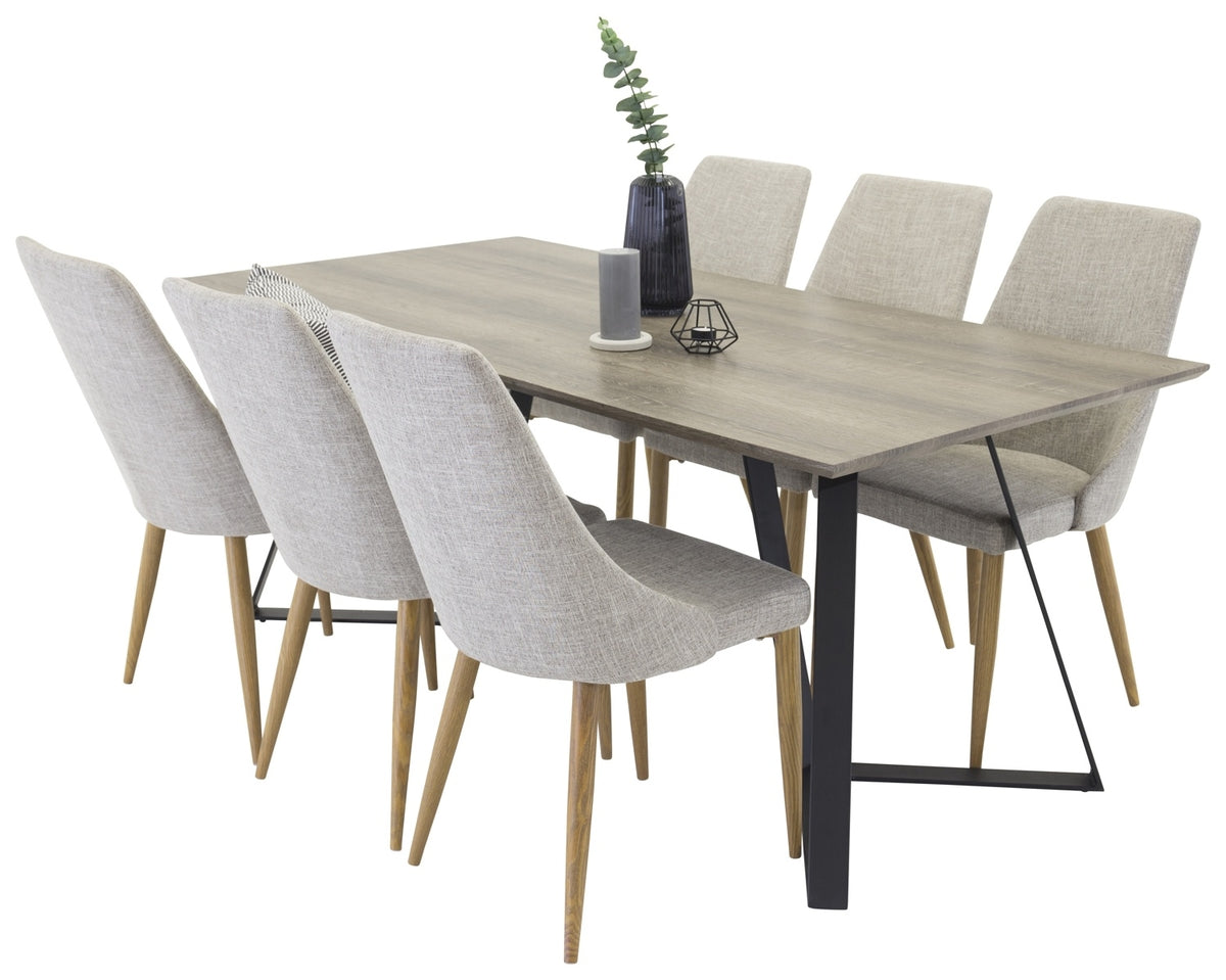 Rechthoekige Eettafel 180 x 75 x 90 Nature + Eetkamerstoelen (6-stuks) Lichtgrijs