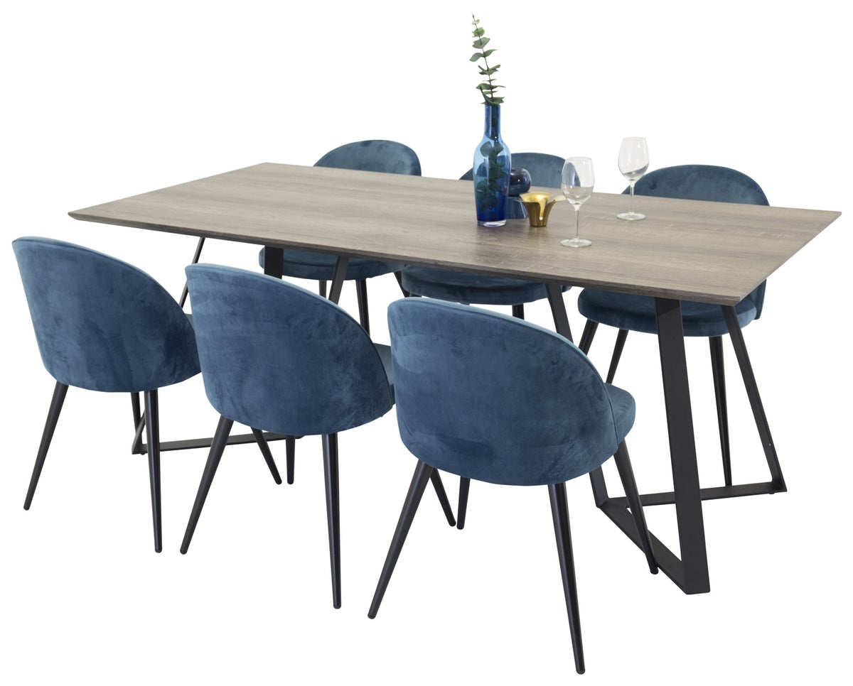 Rechthoekige Eettafel 180 x 75 x 90 Nature + Eetkamerstoelen (6-stuks) Blauw
