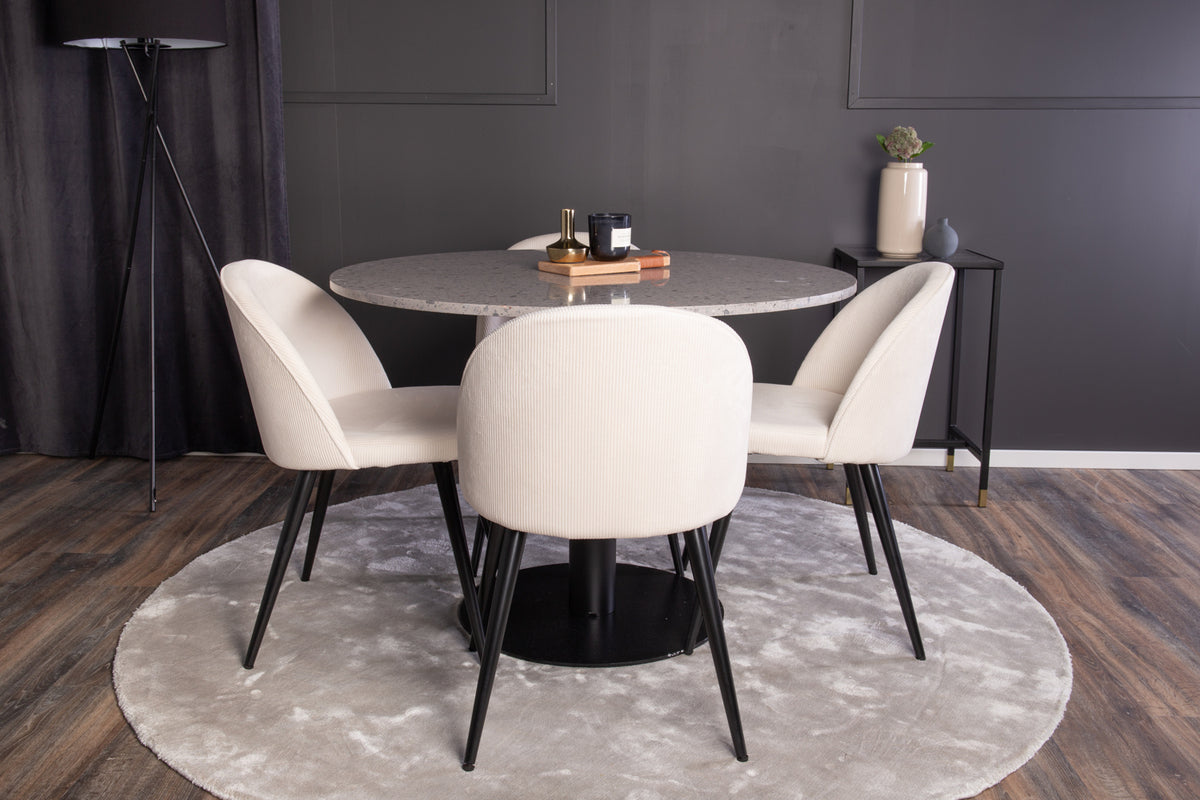 Ronde Eettafel ø106 cm Grijs + Eetkamerstoelen (4-stuks) Crème