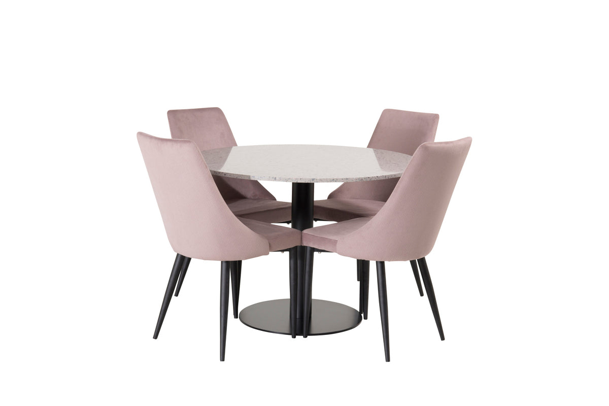 Ronde Eettafel ø106 cm Grijs + Eetkamerstoelen (4-stuks) Dusty Pink
