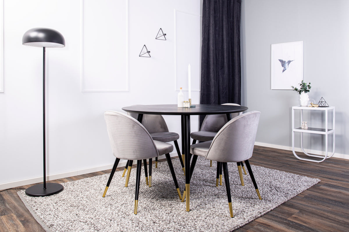 Ronde Eettafel Ø115 cm Zwart + Eetkamerstoelen 4 stuks Grijs