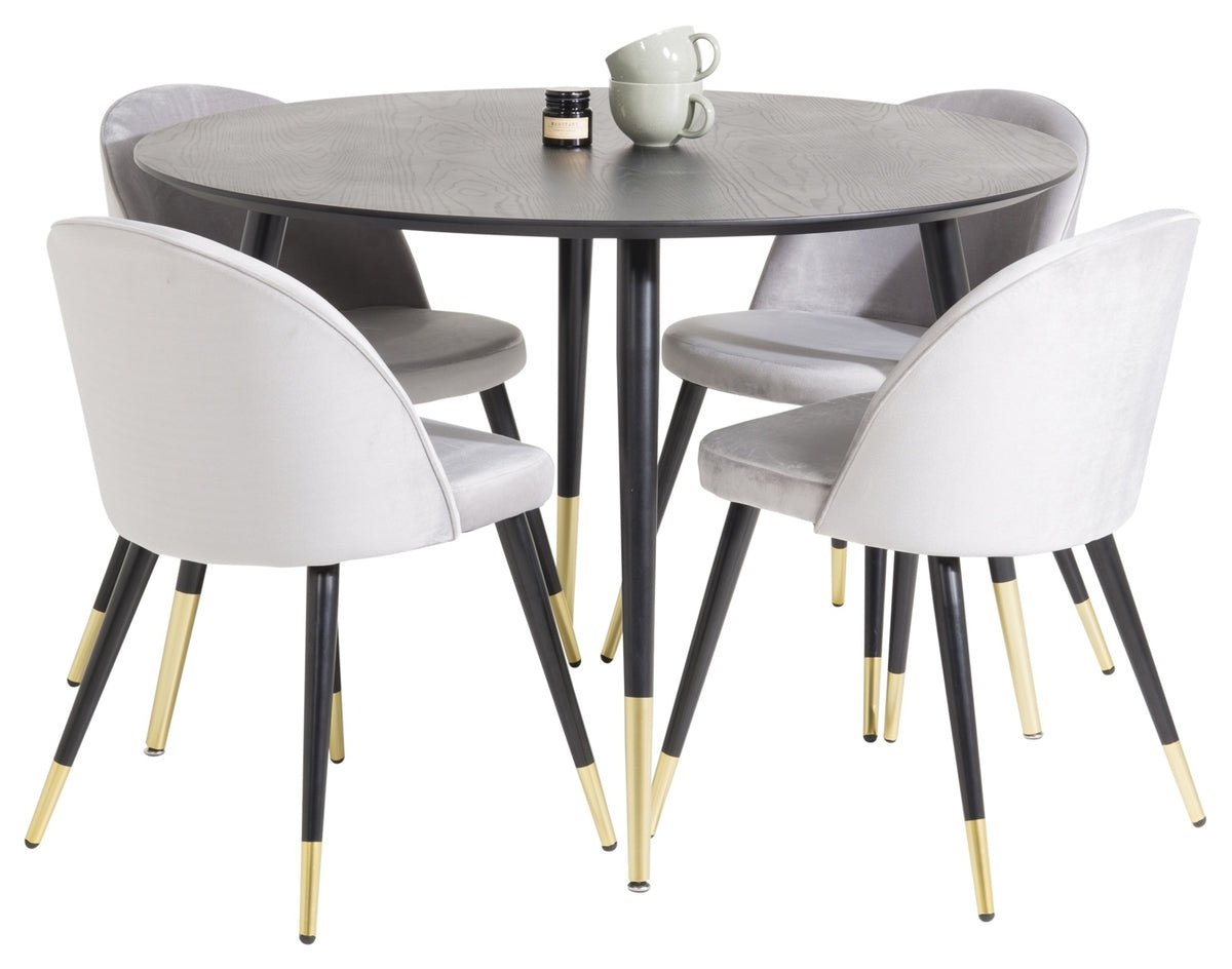 Ronde Eettafel Ø115 cm Zwart + Eetkamerstoelen 4 stuks Grijs