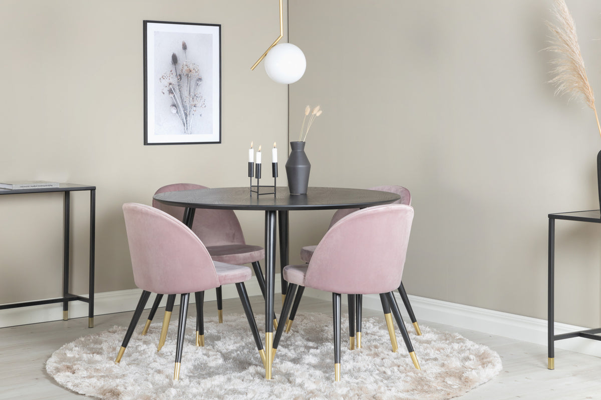 Ronde Eettafel Ø115 cm Zwart + Eetkamerstoelen 4 stuks Oudroze