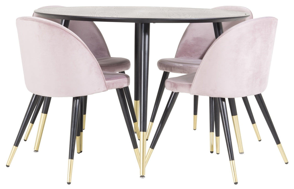 Ronde Eettafel Ø115 cm Zwart + Eetkamerstoelen 4 stuks Oudroze