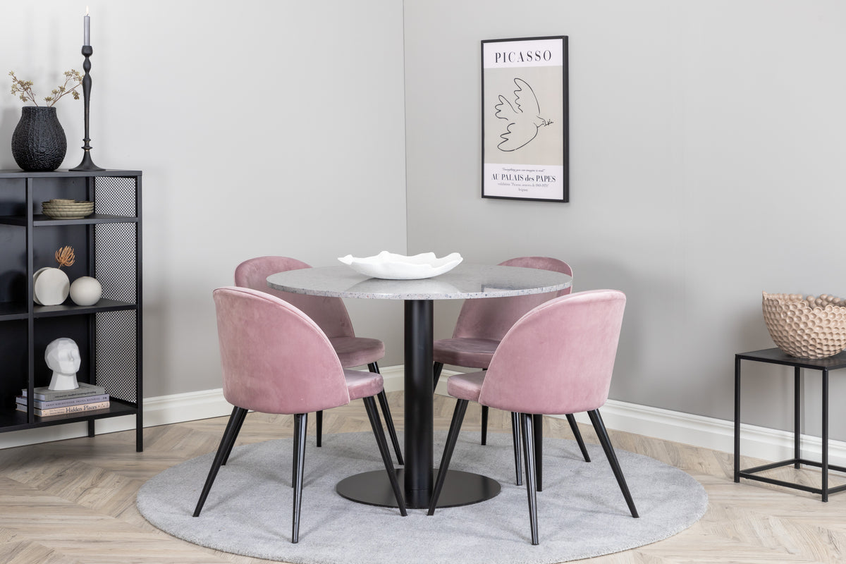 Round Dining Table ø106 Grey + Dining Chair 2-pack Dusty Pink