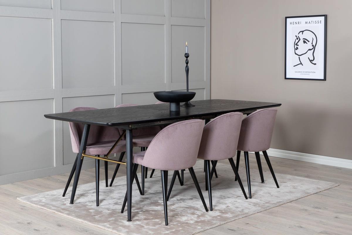 Rectangular Dining Table 180 x 75 x 85 Black + Dining Chair 2-pack Dusty Pink