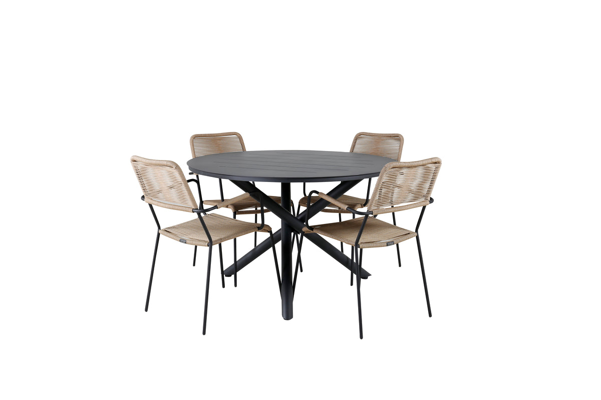 Round Dining Table ø120 Black + Dining Chair 2-pack Brown