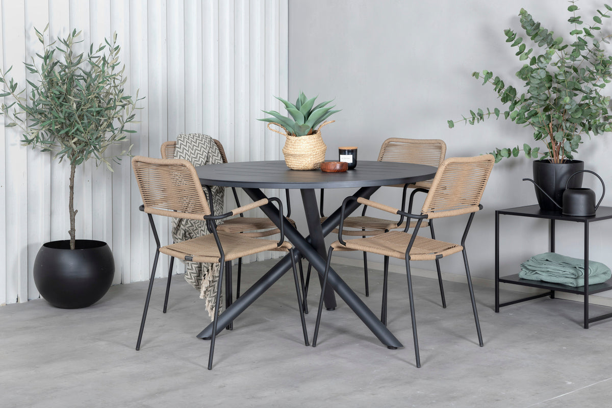 Round Dining Table ø120 Black + Dining Chair 2-pack Brown