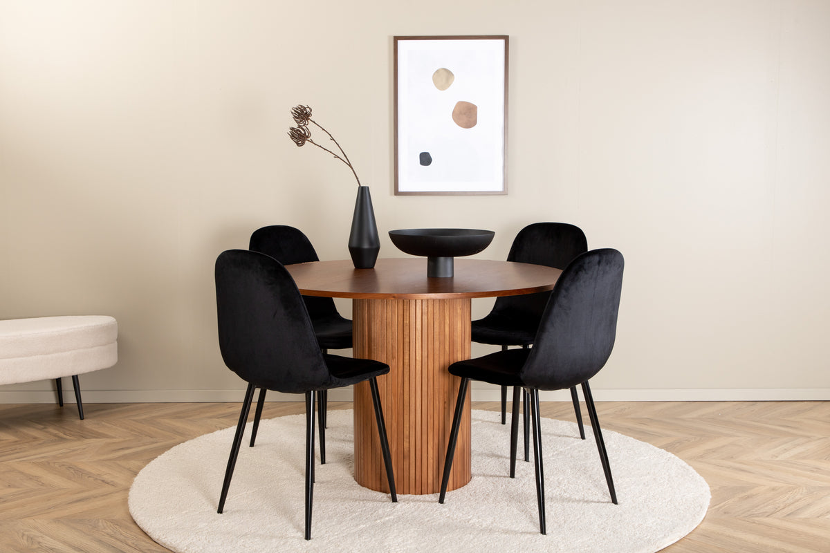 Round Dining Table ø110 Walnut + Dining Chair 2-pack Black