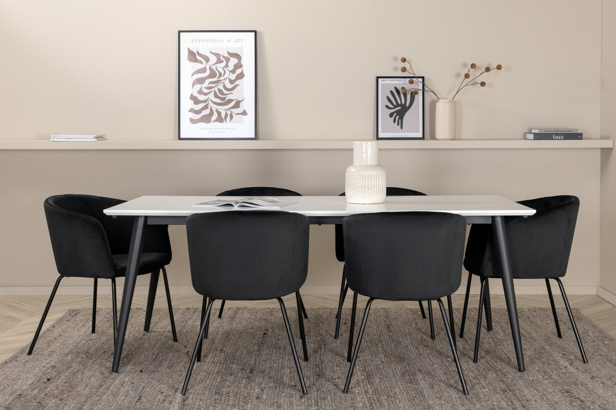 Dining Chair Black + Rectangular Dining Table 76 x 195 x 90 White