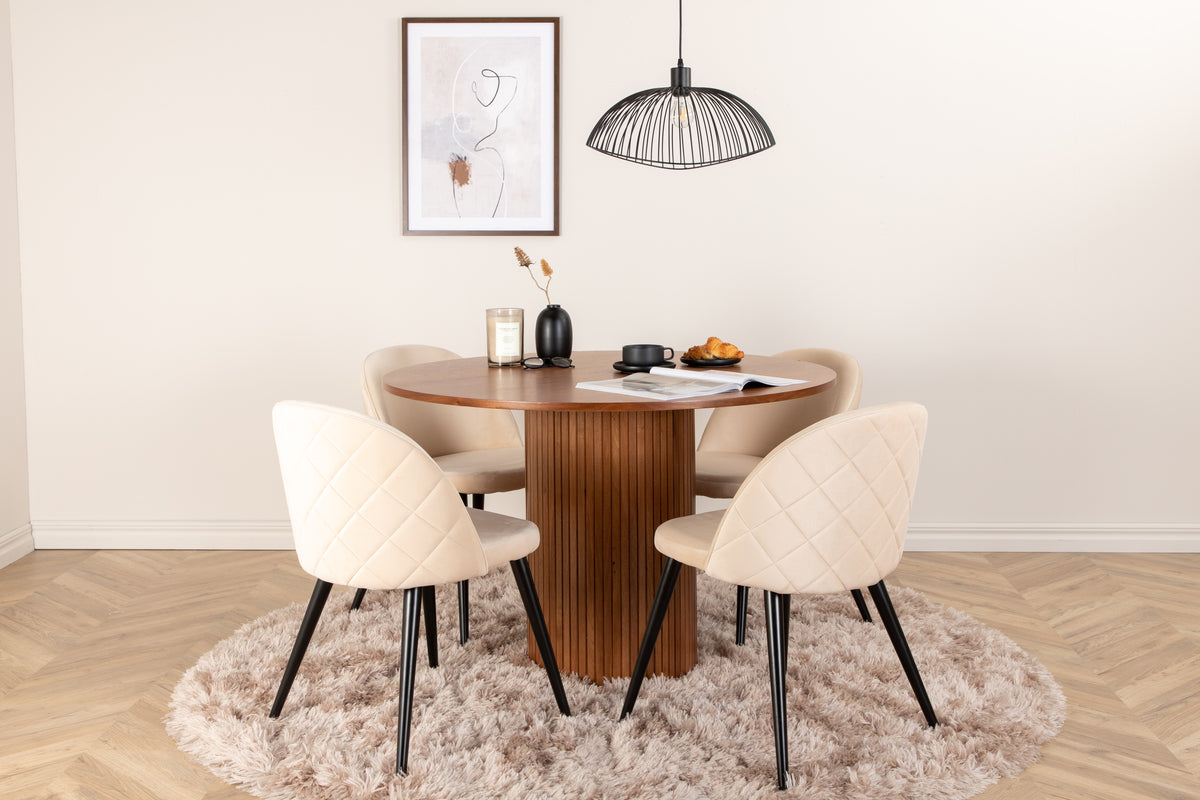 Round Dining Table ø110 Walnut + Dining Chair 2-pack Beige