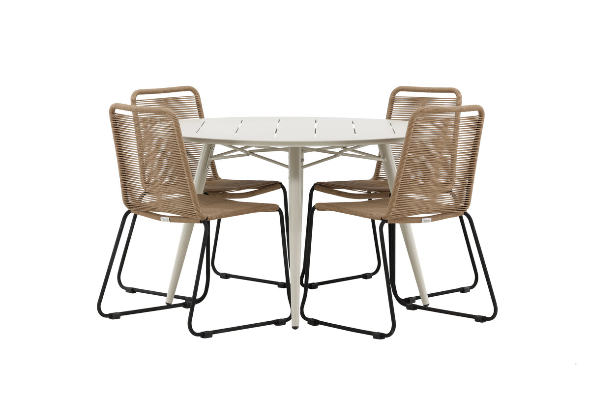 Round Dining Table ø120 Beige + Dining Chair 2-pack Brown