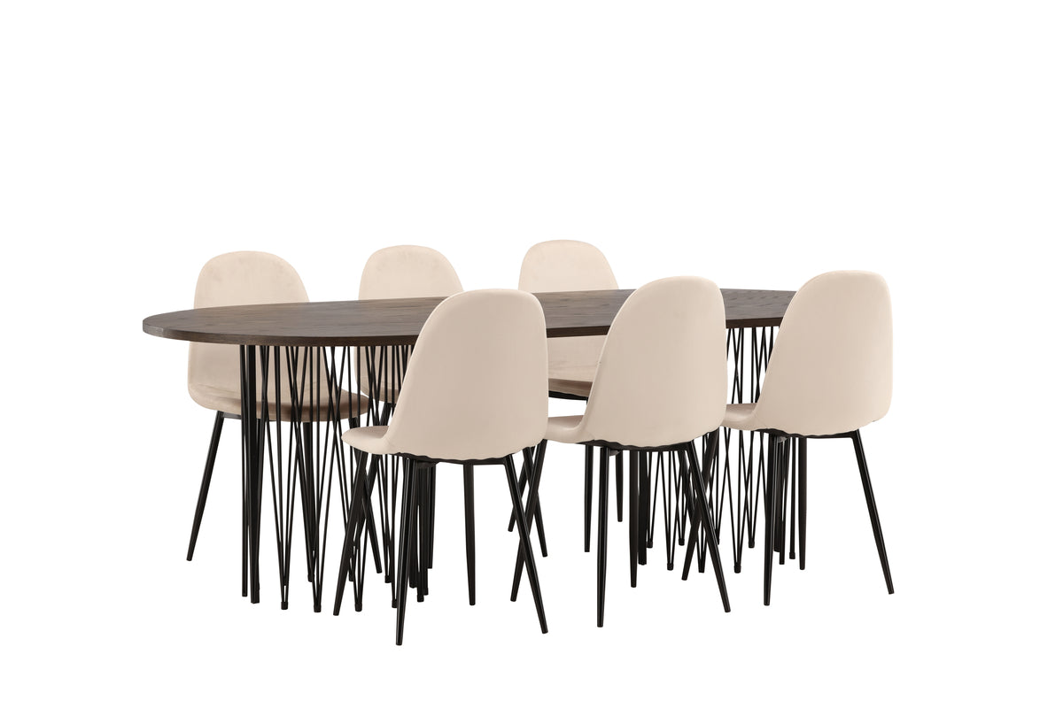 Dining Chair 2-pack Beige + Oval Dining Table 100 x 220 Mocca