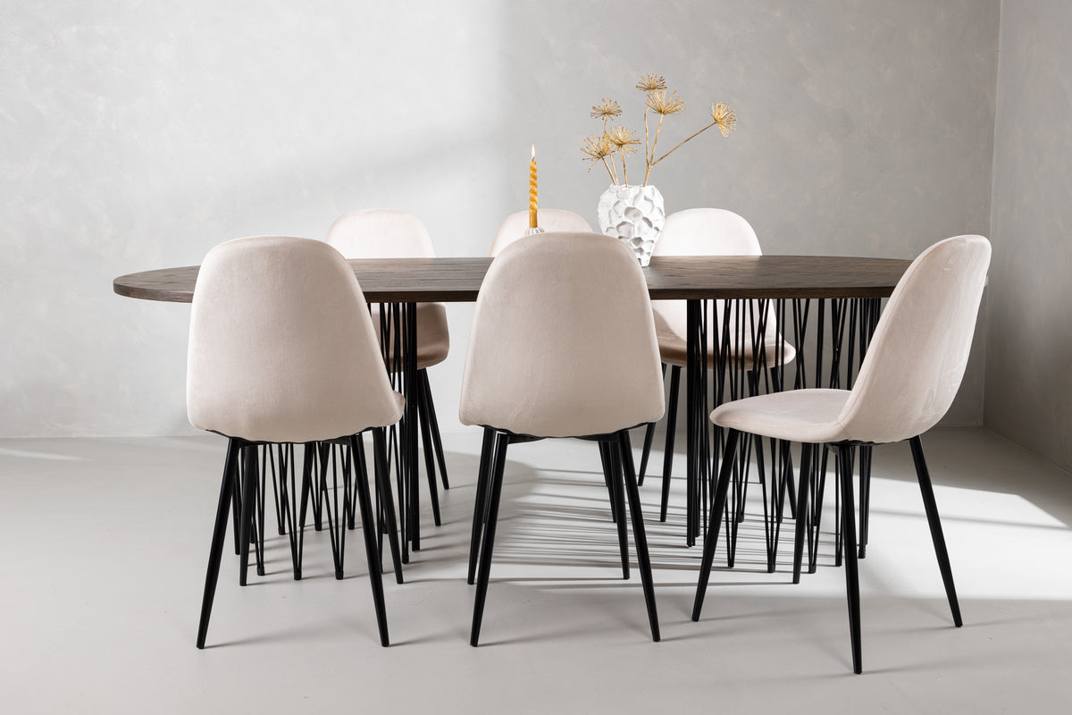 Dining Chair 2-pack Beige + Oval Dining Table 100 x 220 Mocca