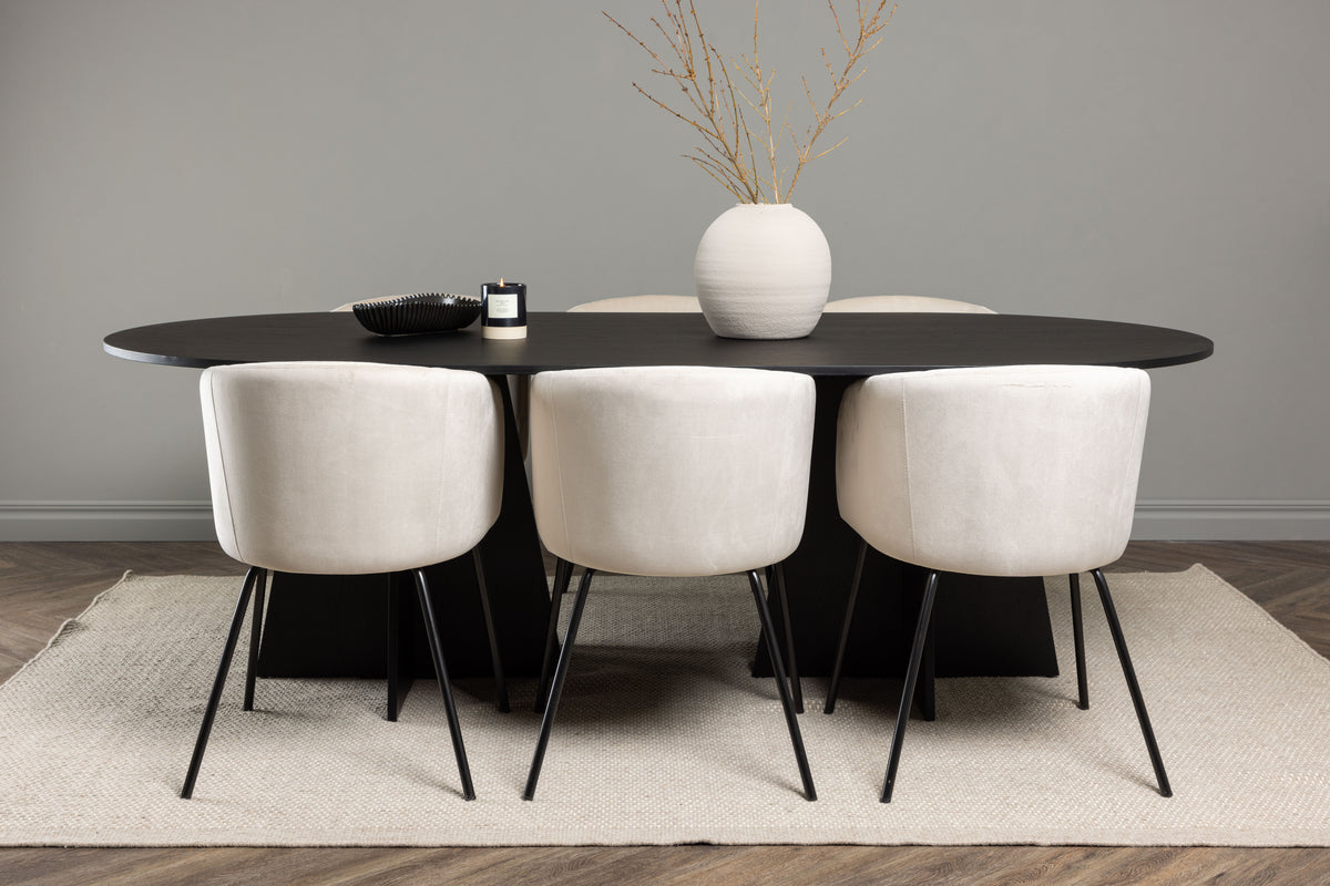 Dining Chair Beige + Oval Dining Table 115 x 230 Black