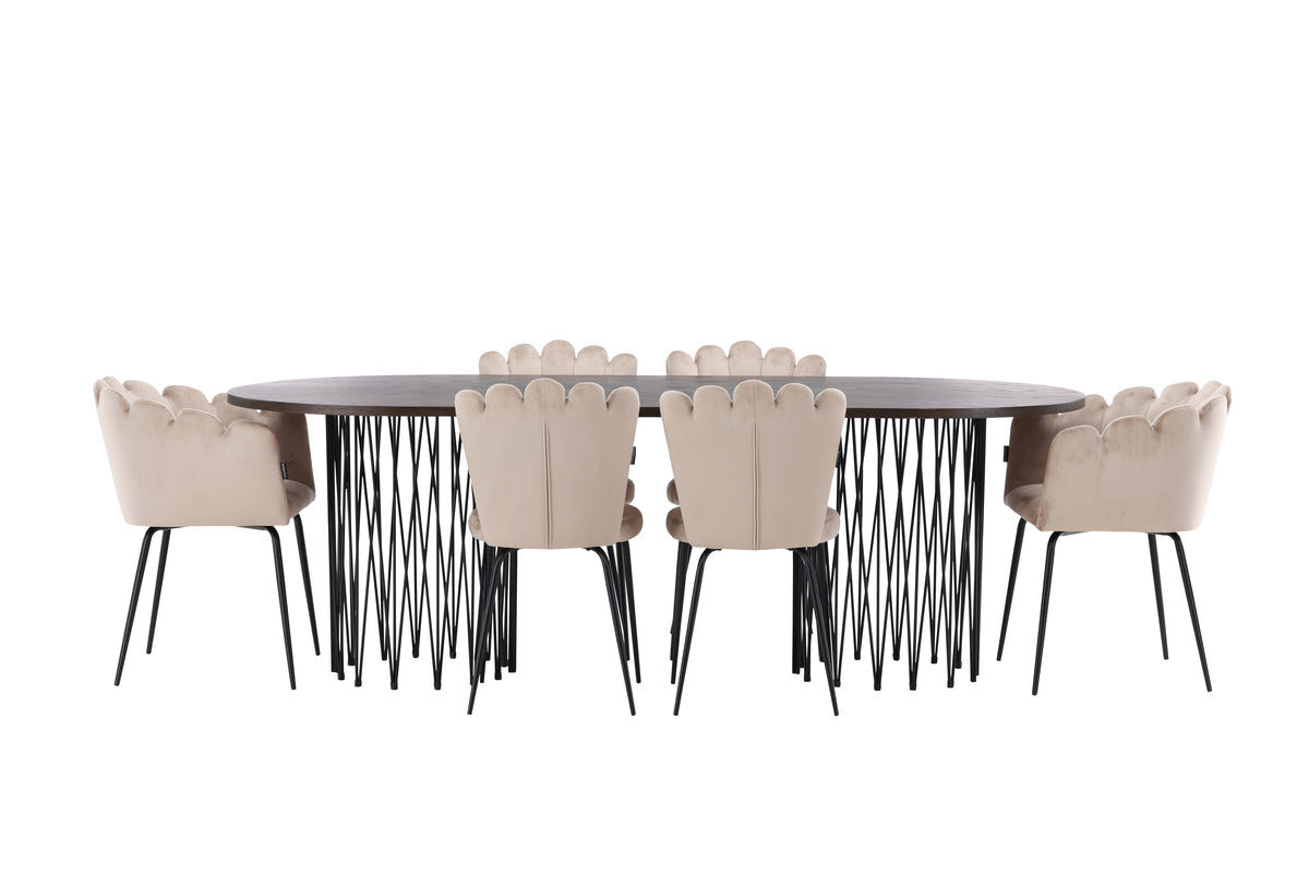 Dining Chair 2-pack Beige + Oval Dining Table 100 x 220 Mocca