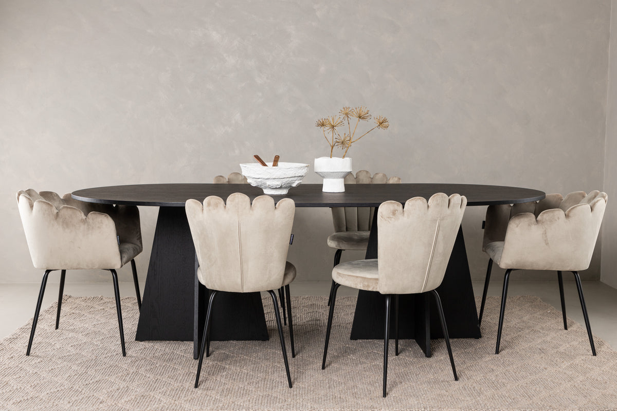 Dining Chair 2-pack Beige + Oval Dining Table 115 x 230 Black