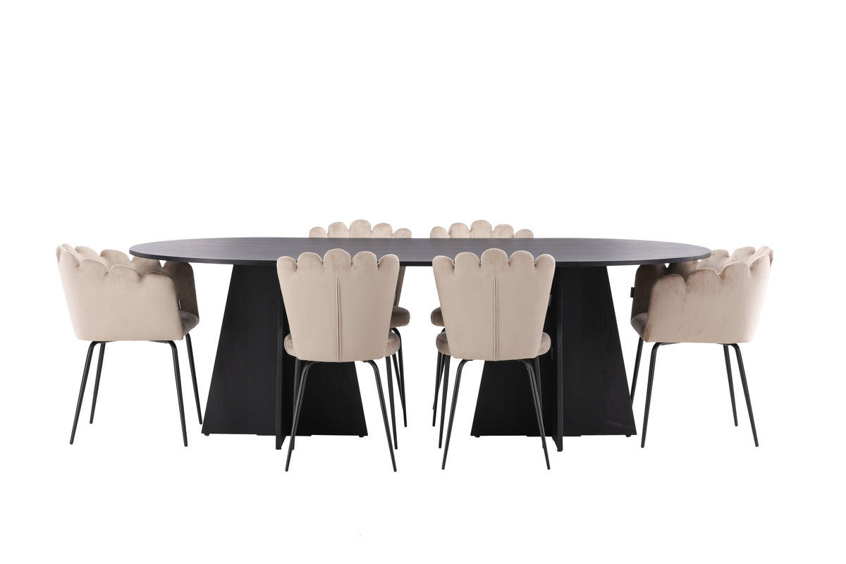 Dining Chair 2-pack Beige + Oval Dining Table 115 x 230 Black