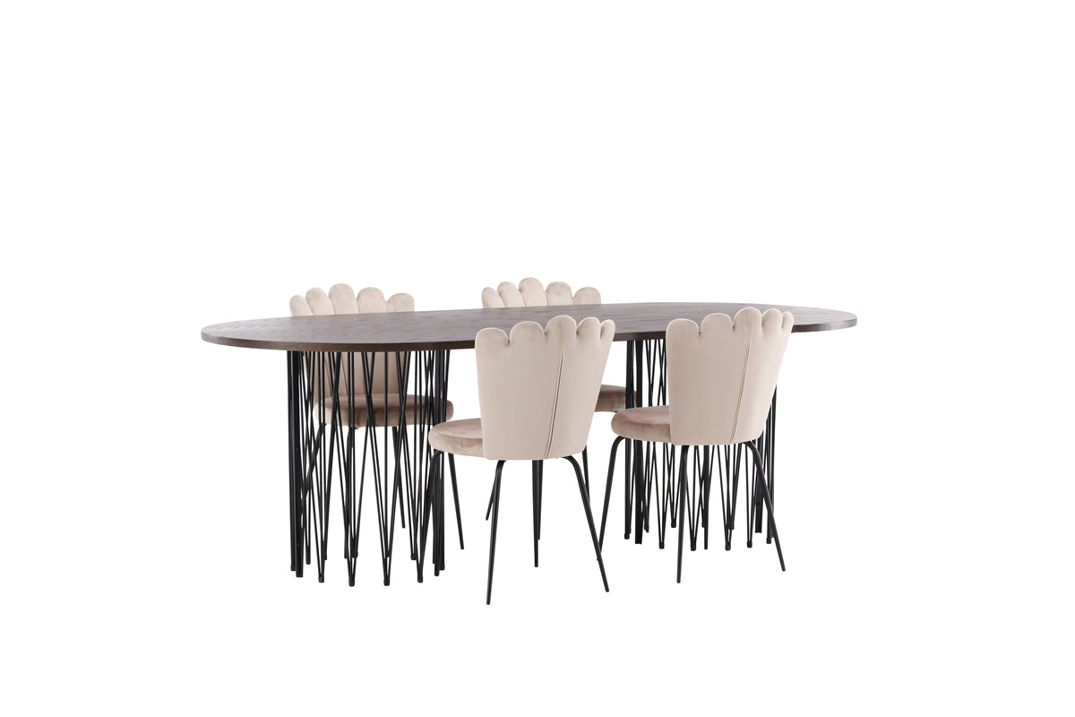 Dining Chair 2-pack Beige + Oval Dining Table 100 x 220 Mocca