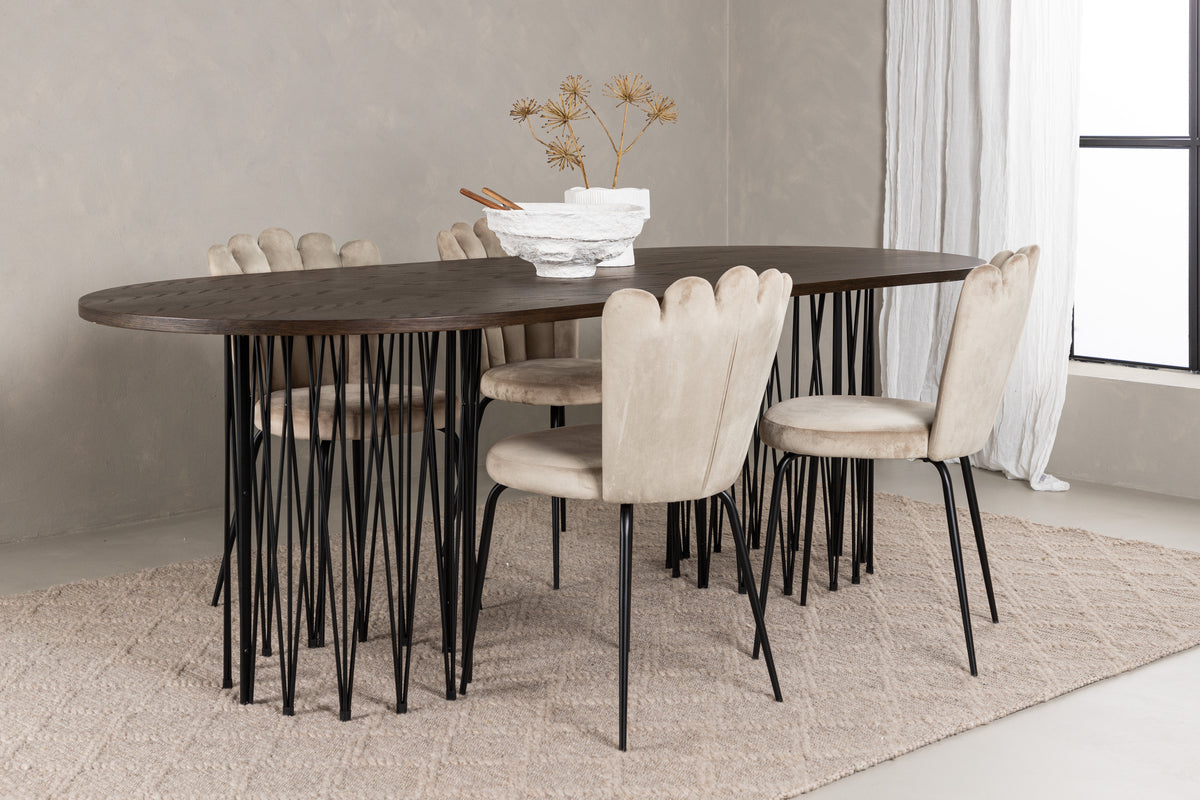 Dining Chair 2-pack Beige + Oval Dining Table 100 x 220 Mocca