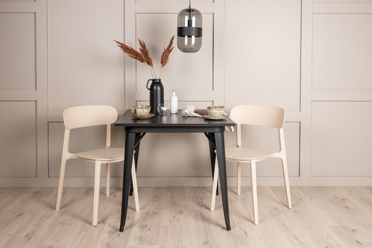 Rectangular Dining Table 80 x 80 Black + Dining Chair 2-pack Beige
