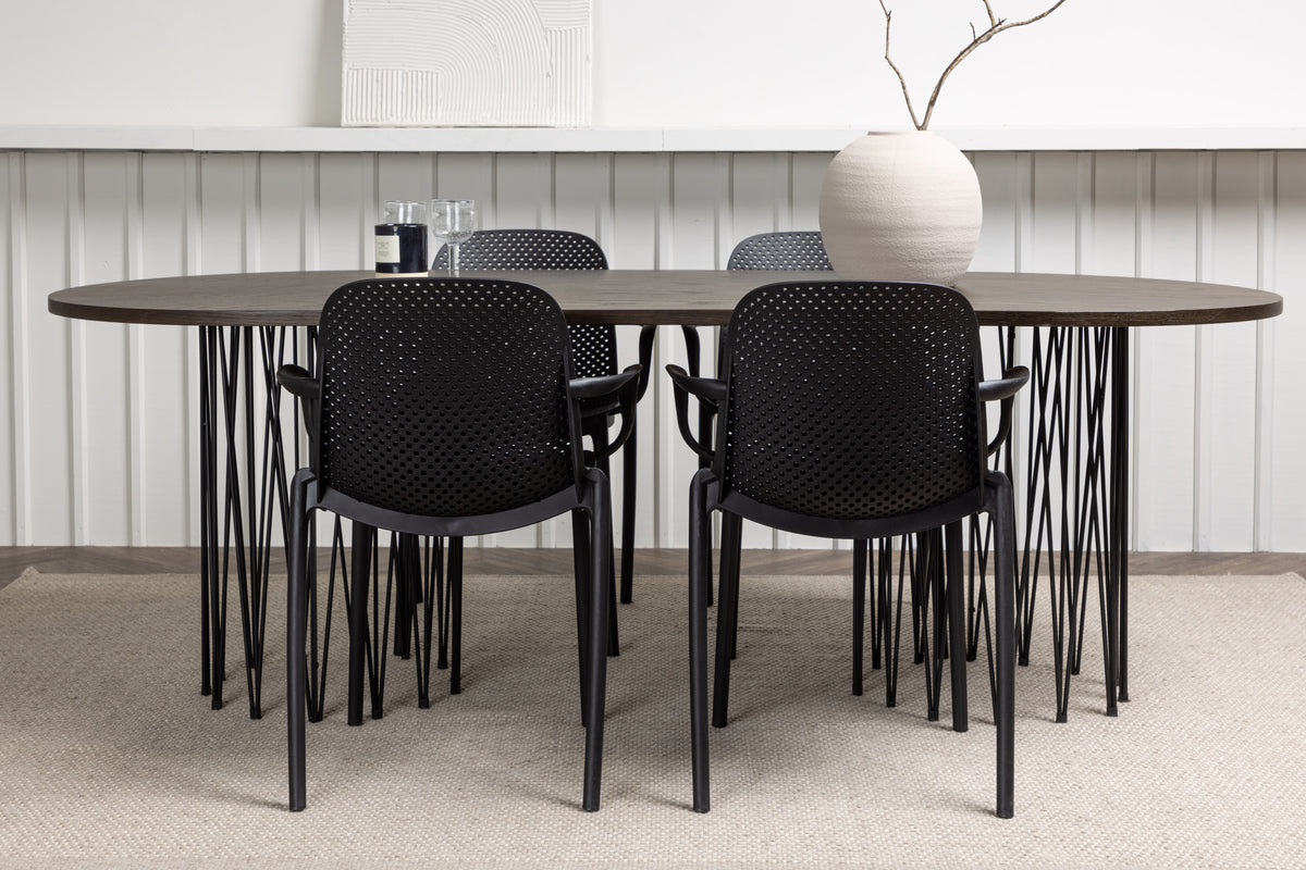 Dining Chair 2-pack Black + Oval Dining Table 100 x 220 Mocca