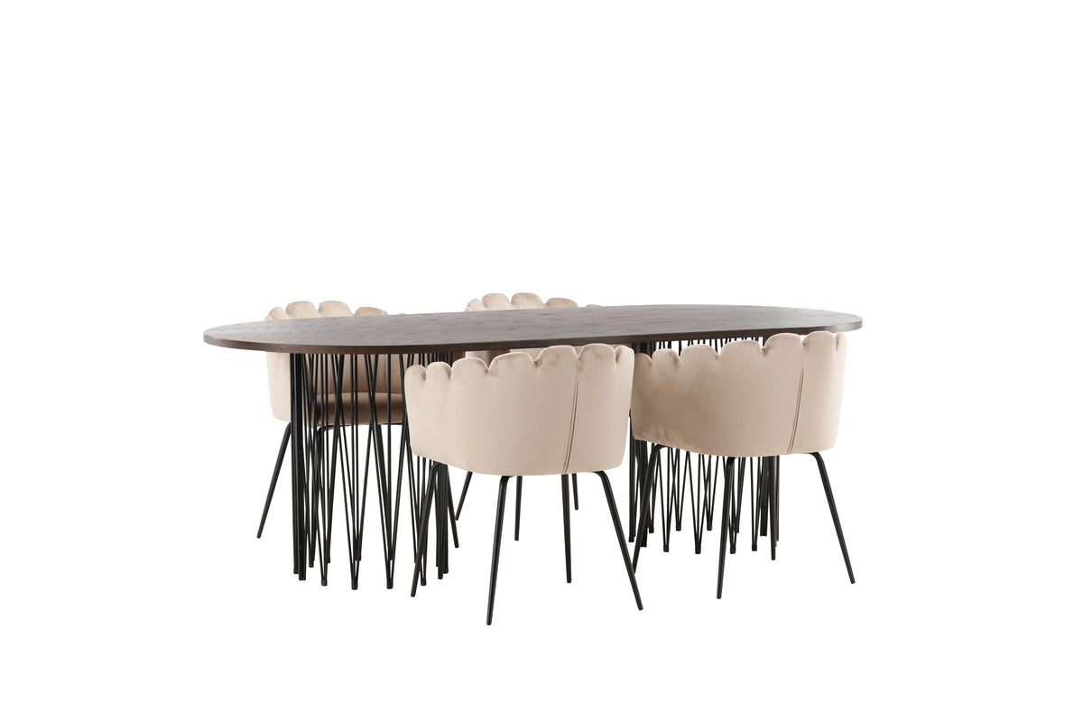 Dining Chair Beige + Oval Dining Table 100 x 220 Mocca