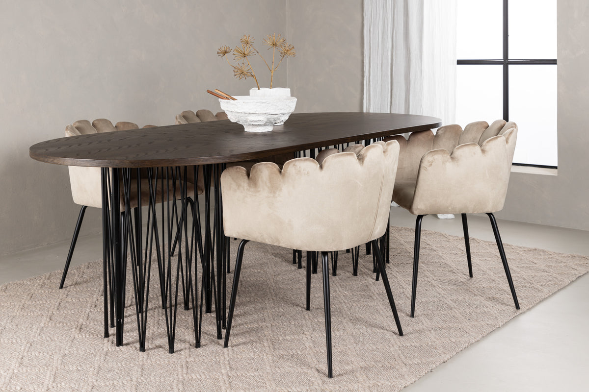 Dining Chair Beige + Oval Dining Table 100 x 220 Mocca