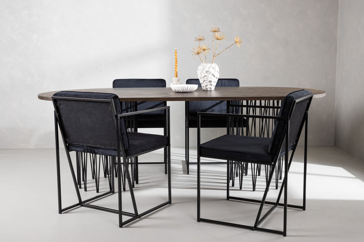 Dining Chair 2-pack Black + Oval Dining Table 100 x 220 Mocca