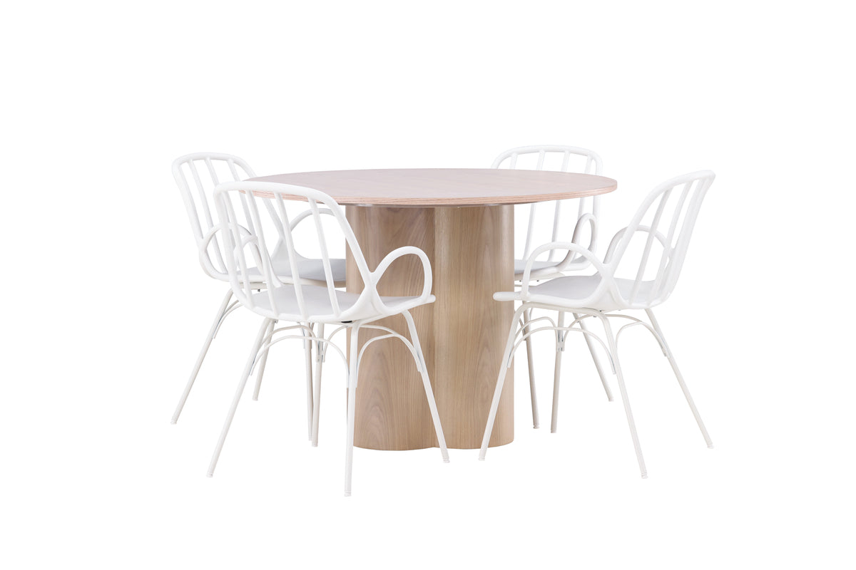 Round Dining Table ø110 Whitewash + Dining Chair 2-pack White