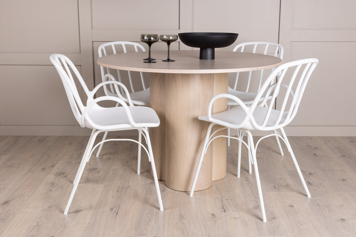 Round Dining Table ø110 Whitewash + Dining Chair 2-pack White
