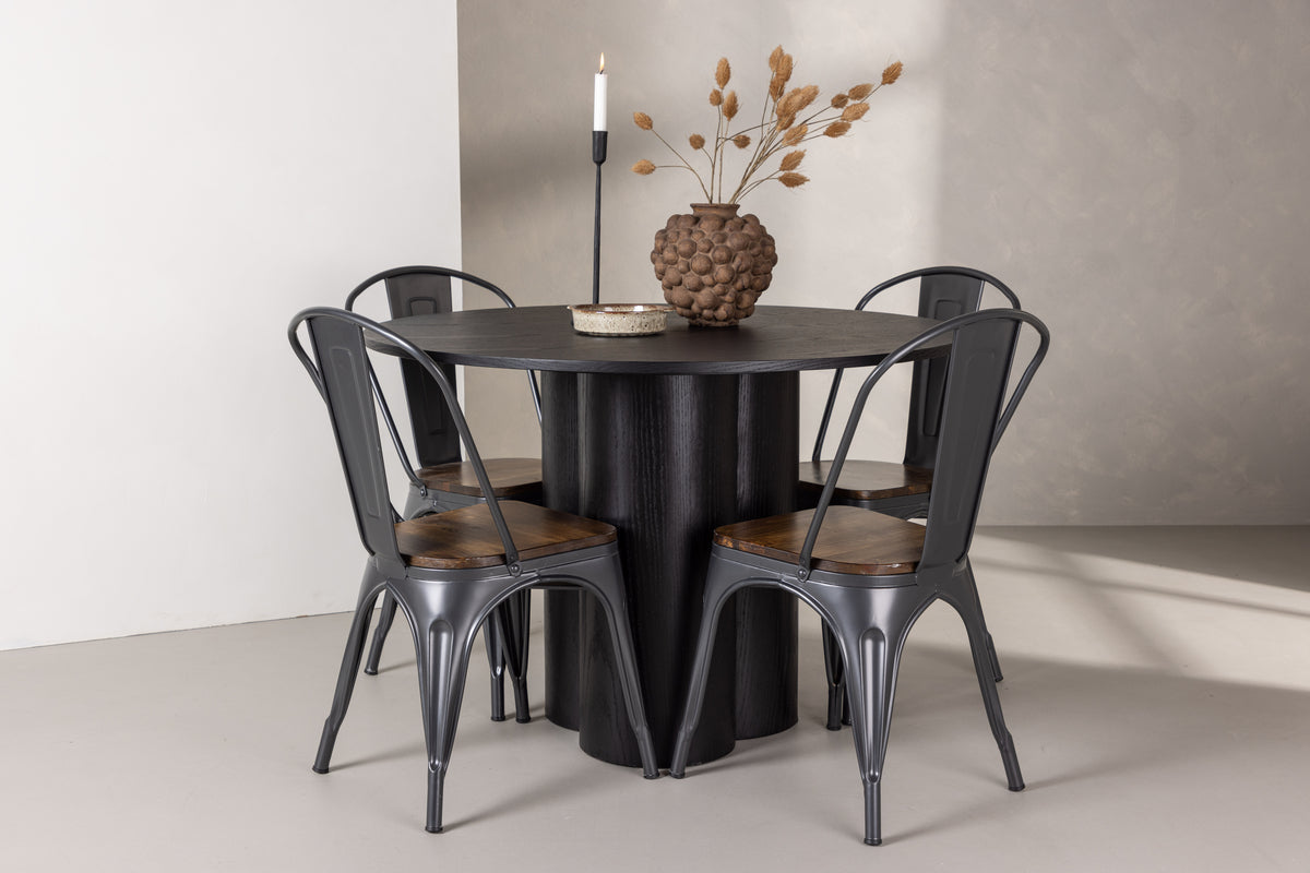 Dining Chair 2-pack Walnut + Round Dining Table ø110 Black