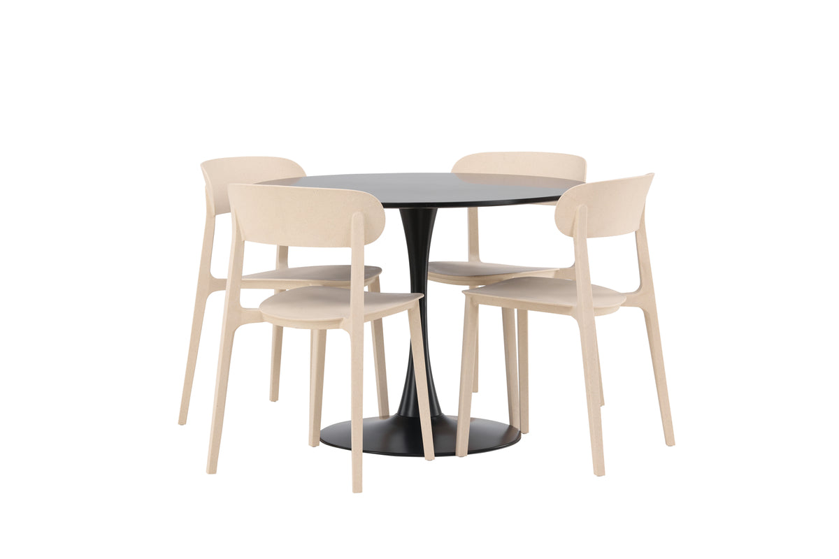 Dining Chair 2-pack Beige + Round Dining Table ø100 Black