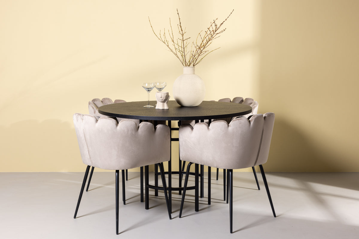 Dining Chair Beige + Round Dining Table ø115 Black