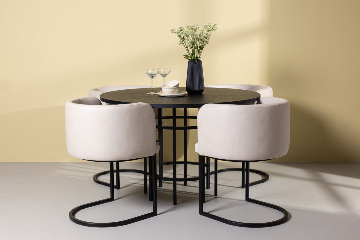 Round Dining Table ø115 Black + Dining Chair Beige