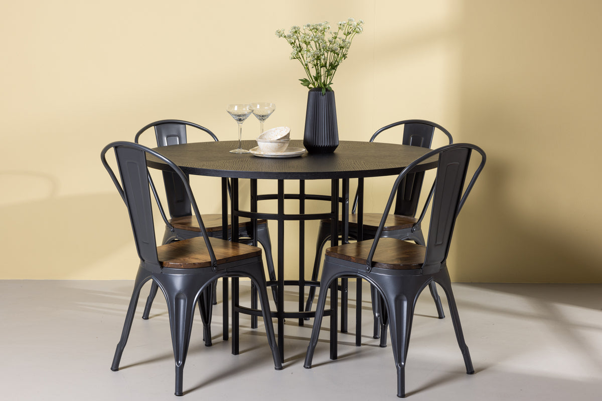 Dining Chair 2-pack Walnut + Round Dining Table ø115 Black