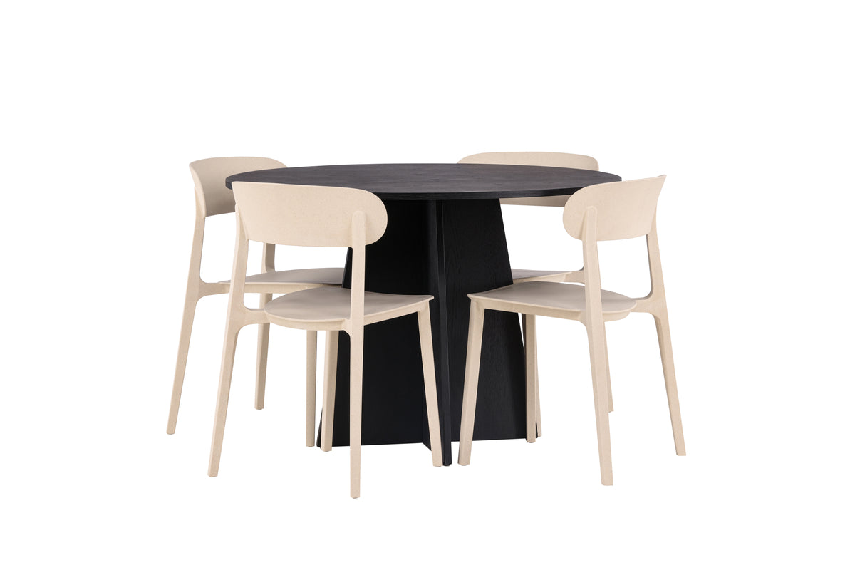 Round Dining Table ø110 Black + Dining Chair 2-pack Beige