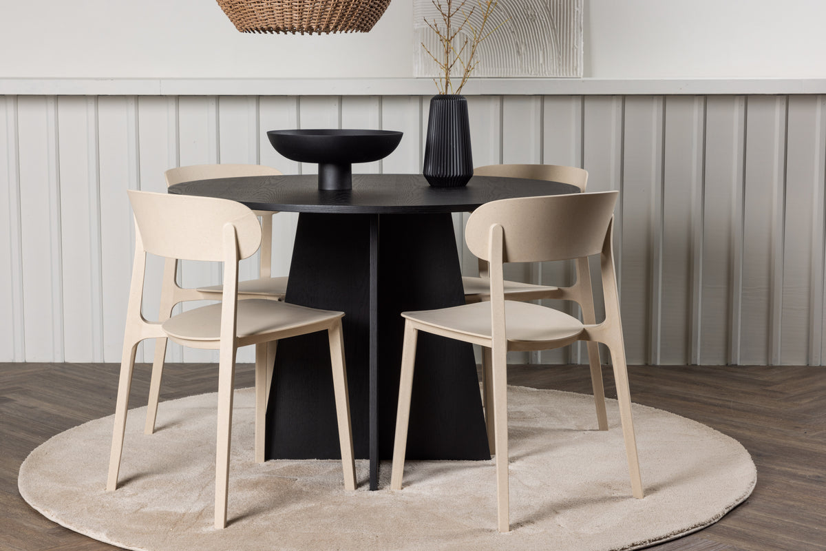 Round Dining Table ø110 Black + Dining Chair 2-pack Beige