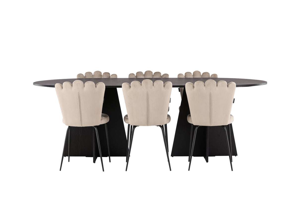 Dining Chair 2-pack Beige + Oval Dining Table 115 x 230 Black
