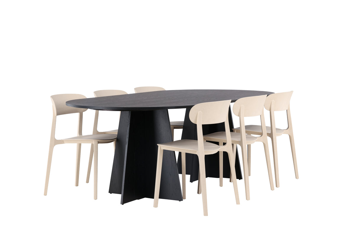 Oval Dining Table 115 x 230 Black + Dining Chair 2-pack Beige