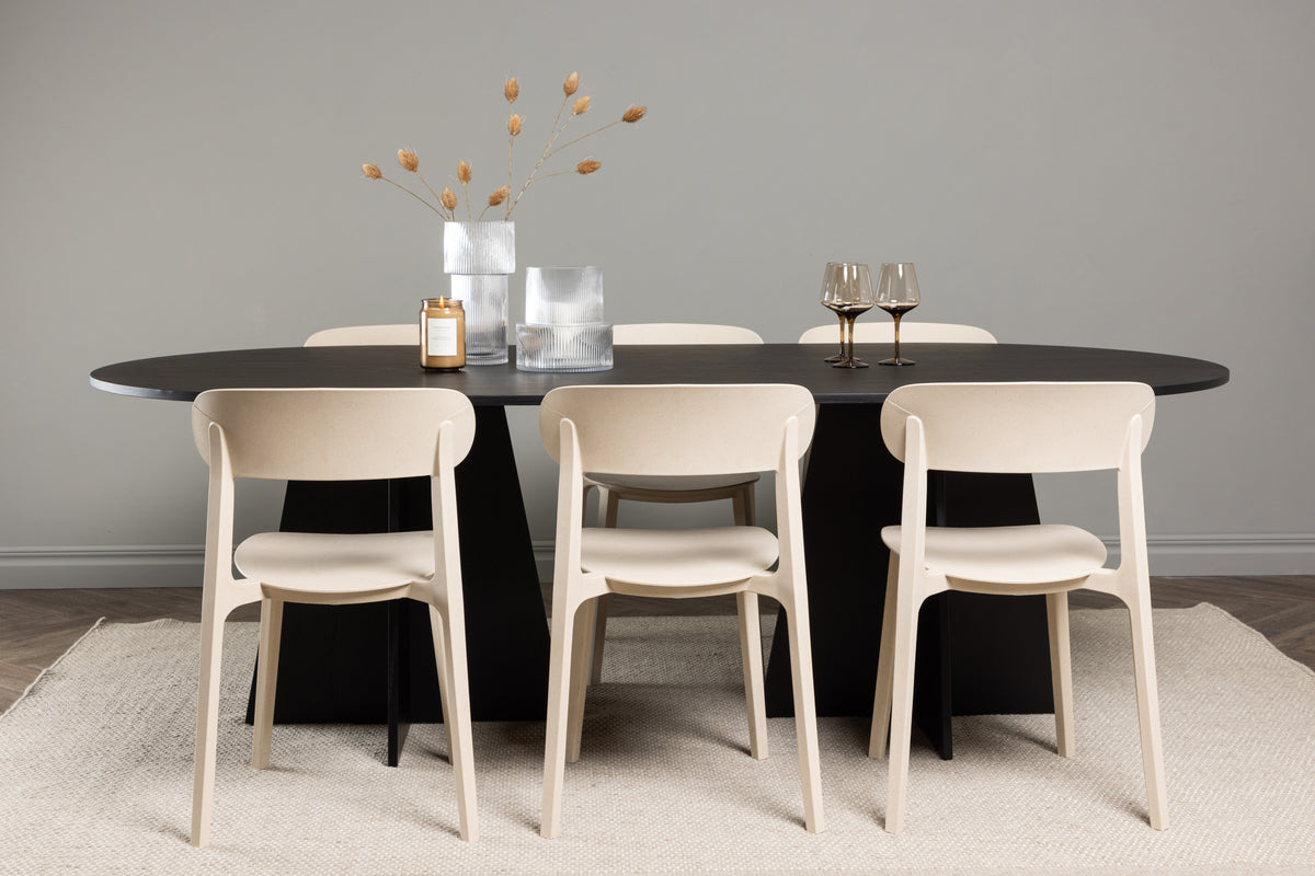 Oval Dining Table 115 x 230 Black + Dining Chair 2-pack Beige