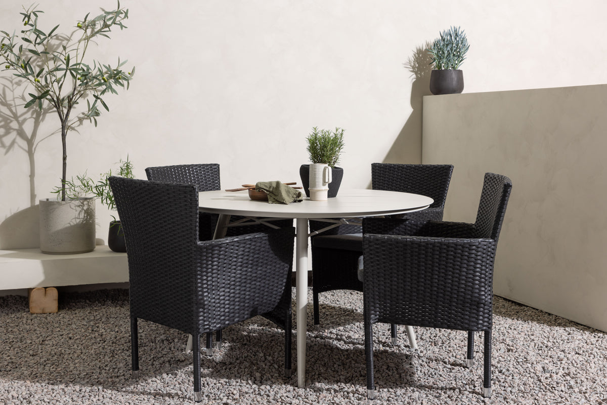 Round Dining Table ø120 Beige + Dining Chair 2-pack Black